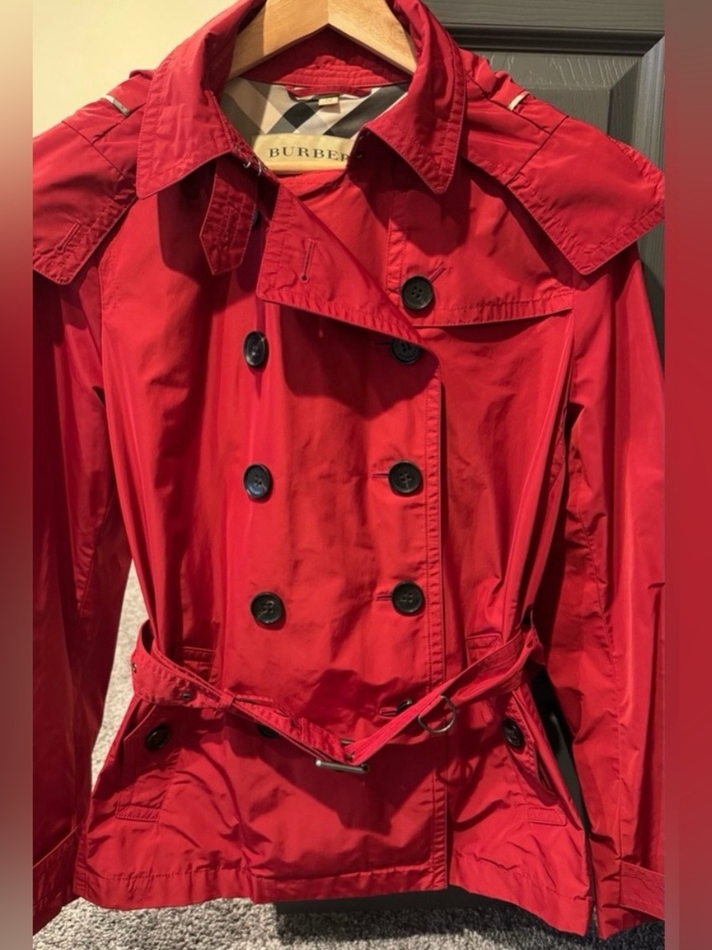 Burberry Balmoral Red Short Trench Coat Hooded Belted Jacket US 14 EUC - Picture 4 of 16